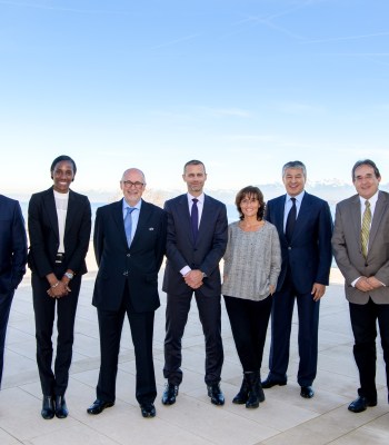 NYON, SWITZERLAND - NOVEMBER 22:  UEFA Foundation Board members Kevin Lamour, Fiona May, Peter Gillieron, Aleksander Ceferin, Nathalie Iannetta, Kairat Boranbayev and Norman Darmanin Demajo pose for a group photo prior to their meeting at the UEFA headquarters, the House of European Football on November 22, 2017 in Nyon, Switzerland. (Photo by Harold Cunningham - UEFA/UEFA via Getty Images)