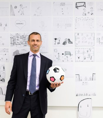 NYON, SWITZERLAND - APRIL 08:  **EMBARGOED UNTIL August 31, 2019** UEFA President Aleksander Ceferin makes a final selection of children drawings at the UEFA Foundation for Children for the UEFA Super Cup 2020 match ball in the UEFA headquarters, the House of European Football on April 8, 2019 in Nyon, Switzerland. More than 200 drawings from children were received following a competition among 12 UEFA Foundation for Children projects. The UEFA Super Cup 2020 match ball will feature a collage based on 20 selected sketches. (Photo by Harold Cunningham - UEFA/UEFA via Getty Images)