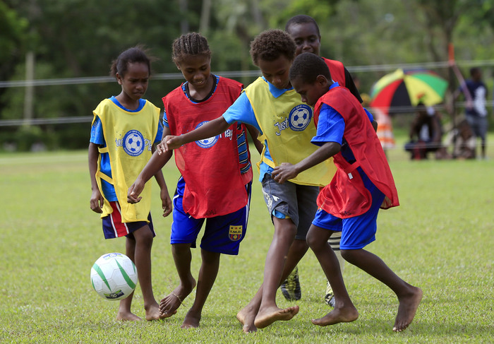 Just Play action at half time. OFC U-17 Championship 2013, Fiji v Papua New Guinea, Luganville Soccer City Stadium, Vanuatu, Sunday 21st April 2013. Photo: Shane Wenzlick