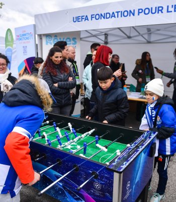 NYON, SWITZERLAND - APRIL 19: UEFA Fondations Pour L'enfance at the Youth Plaza during the UEFA Youth League 2023/24 Finals at Centre Sportif de Colovray on April 19, 2023 in Nyon, Switzerland. (Photo by Ben McShane - Sportsfile/UEFA)